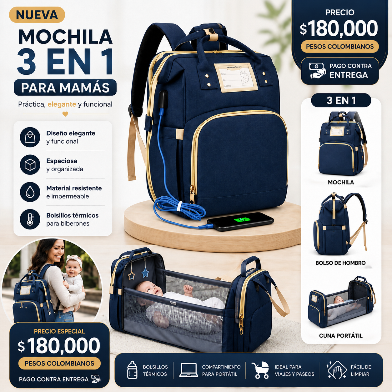 Bolso Maternal Premium 3 en 1 con Cambiador Integrado y Compartimentos Térmicos para Biberones