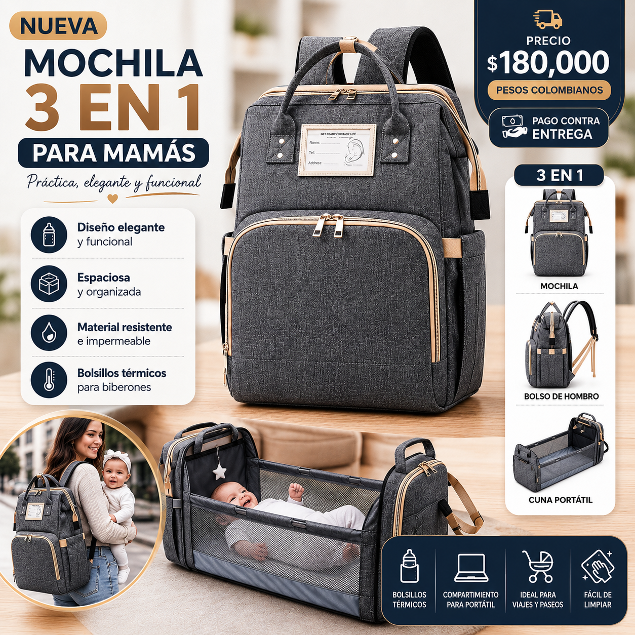 Bolso Maternal Premium 3 en 1 con Cambiador Integrado y Compartimentos Térmicos para Biberones