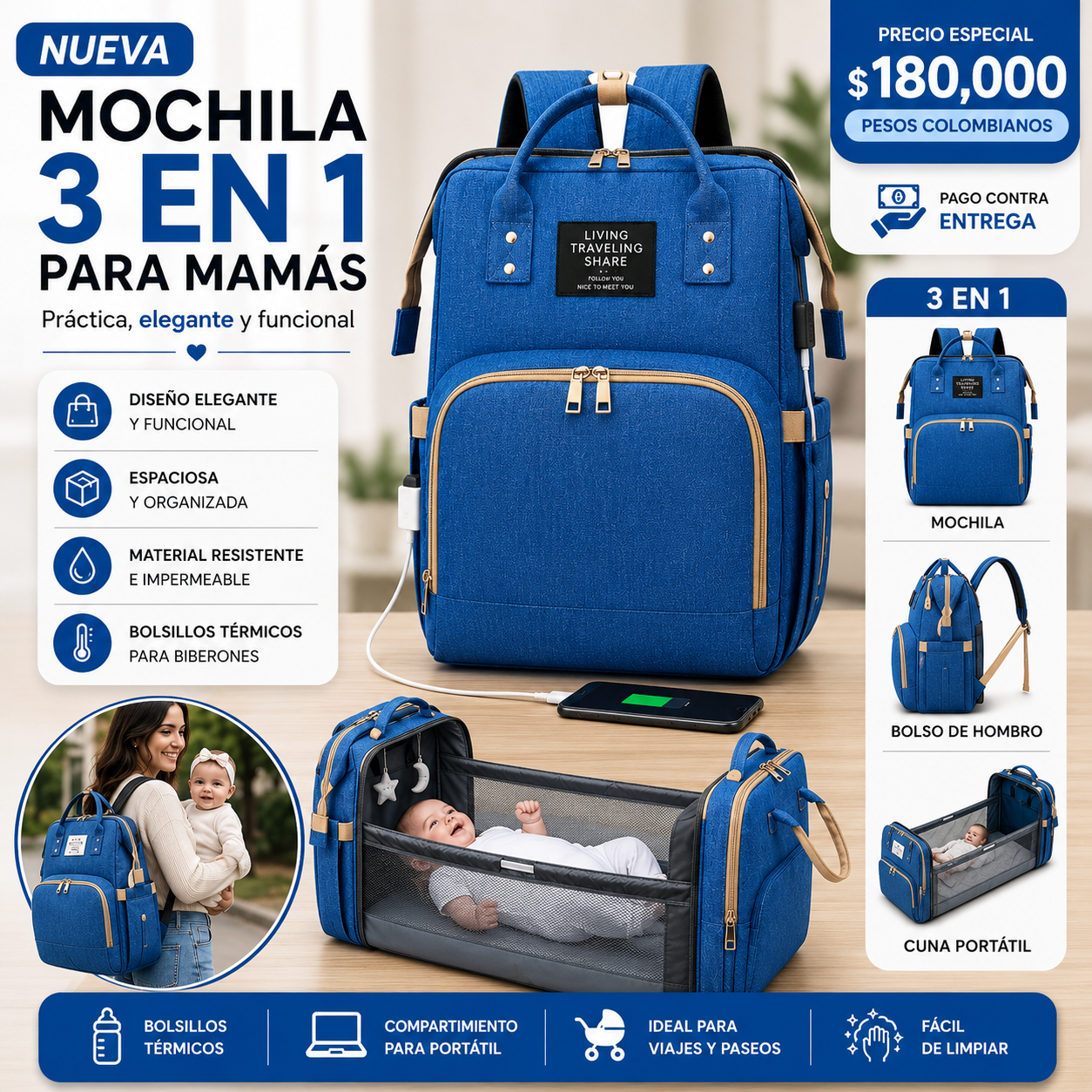 Bolso Maternal Premium 3 en 1 con Cambiador Integrado y Compartimentos Térmicos para Biberones