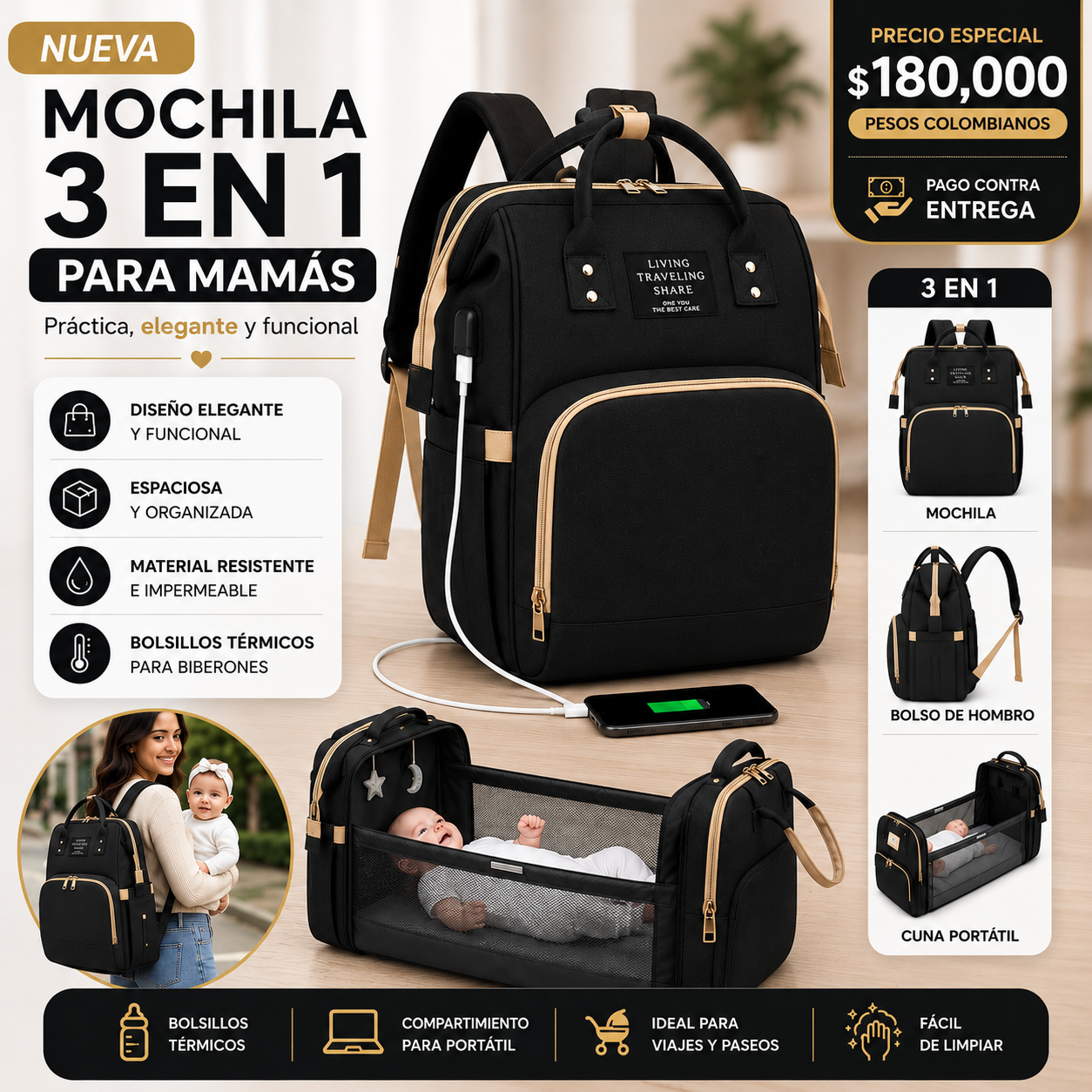 Bolso Maternal Premium 3 en 1 con Cambiador Integrado y Compartimentos Térmicos para Biberones