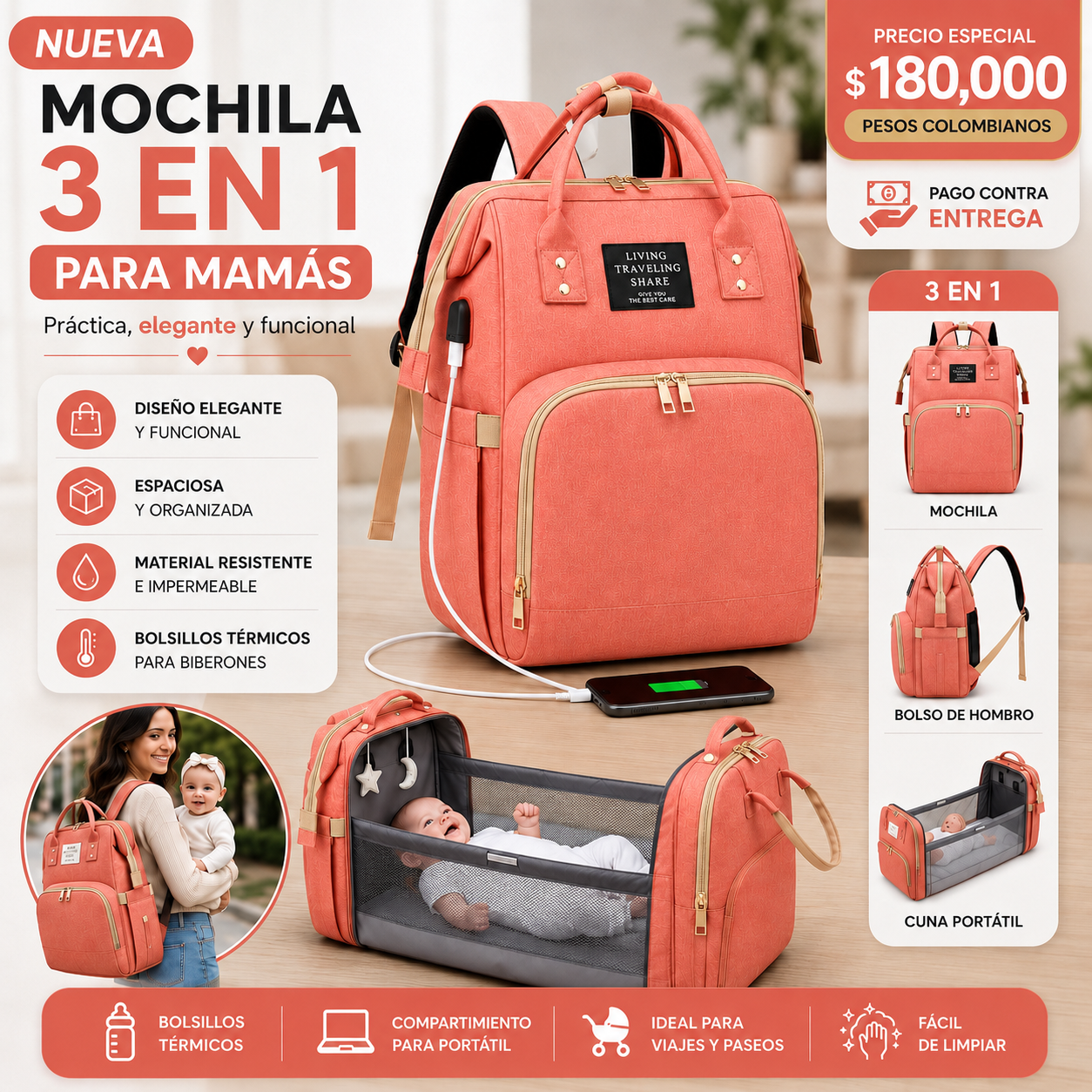 Bolso Maternal Premium 3 en 1 con Cambiador Integrado y Compartimentos Térmicos para Biberones